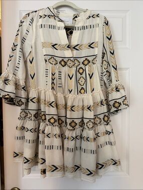 Embroidered Mini Dress in Cream and Gold by (unbranded)